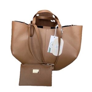 NEW VIOLA CASTELLANI TOTE SHOULDER BAG & WRISTLET POUCH CAMEL MADE ITALY LEATHER